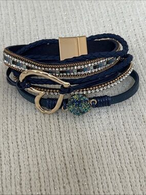 Navy Multi-Strand Wrap Bracelet with Heart and Druzy Accent